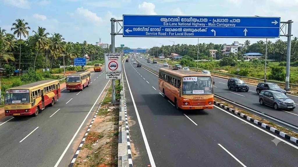 ആറുവരി ദേശീയപാതയിലൂടെ പോകുന്ന കെഎസ്ആർടിസി ബസ്